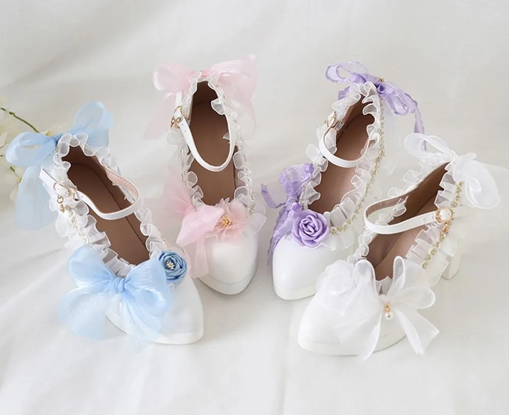 Lolita high Heels lace Bow high Heels Elegant Pointed Sandals Bold Heel Heel Height 6cm (4.5, White)