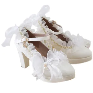 Lolita high Heels lace Bow high Heels Elegant Pointed Sandals Bold Heel Heel Height 6cm (4.5, White)