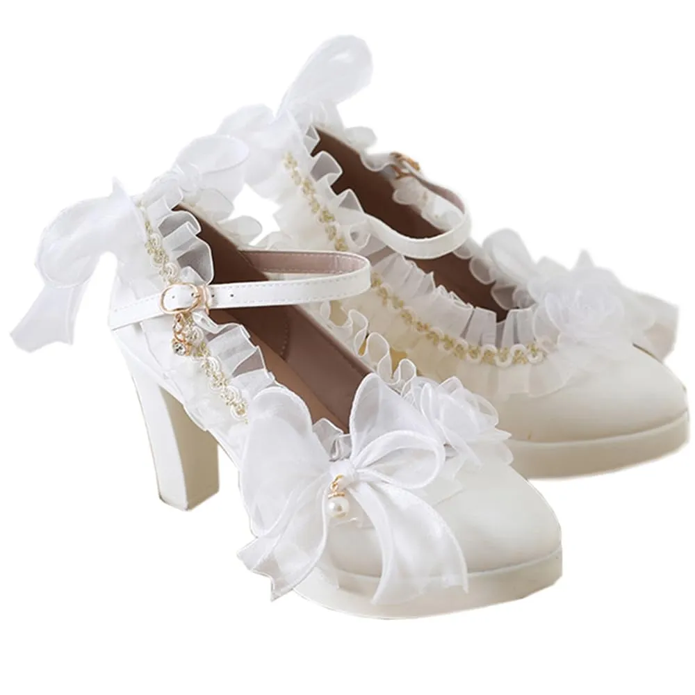 Lolita high Heels lace Bow high Heels Elegant Pointed Sandals Bold Heel Heel Height 6cm (4.5, White)