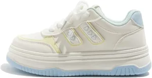 Love Retro Chunky Sneakers - Kawaii Leather Casual Shoes for Women & Girls, Comfy Thick Sole White Low-Top Trainers for Campus Strolls, Daily Wear, Y2K Minimalist Streetwear, Back to School