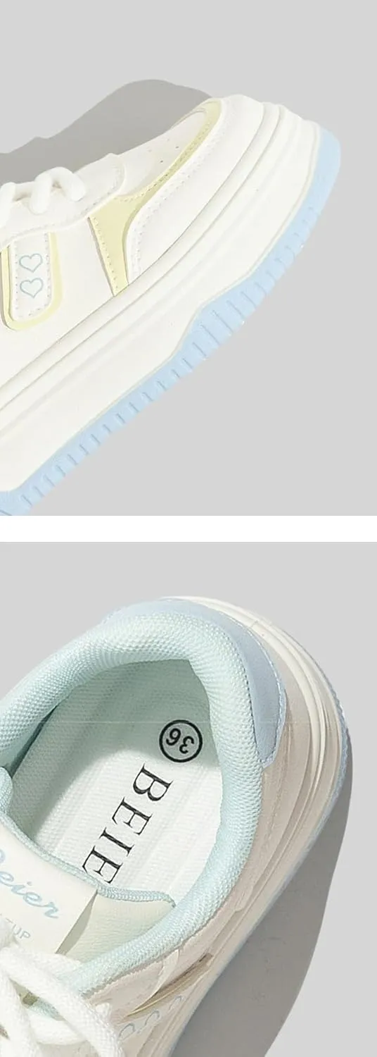 Love Retro Chunky Sneakers - Kawaii Leather Casual Shoes for Women & Girls, Comfy Thick Sole White Low-Top Trainers for Campus Strolls, Daily Wear, Y2K Minimalist Streetwear, Back to School