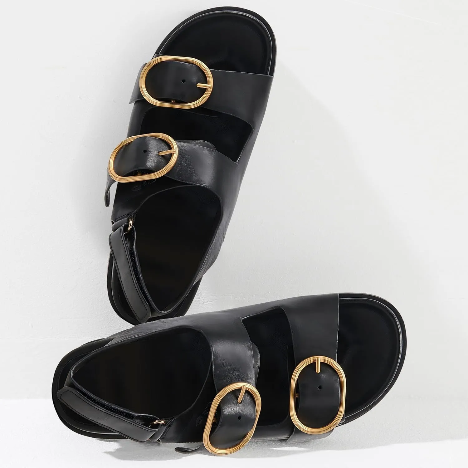 Lovee Cosee Flat Sandals for Women with Cushioned Footbed Open Toe Double Buckle Adjustable Hook-Loop Dress Summer Sandals Casual Beach Pool Party