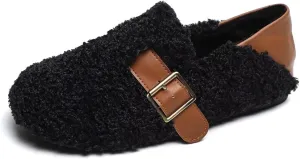LUXINYU Women Fashion Winter Warm Artificial Lamb Wool Flats Slip on Ladies Indoor and Outdoor Dress Office Casual Bedroom Shoes