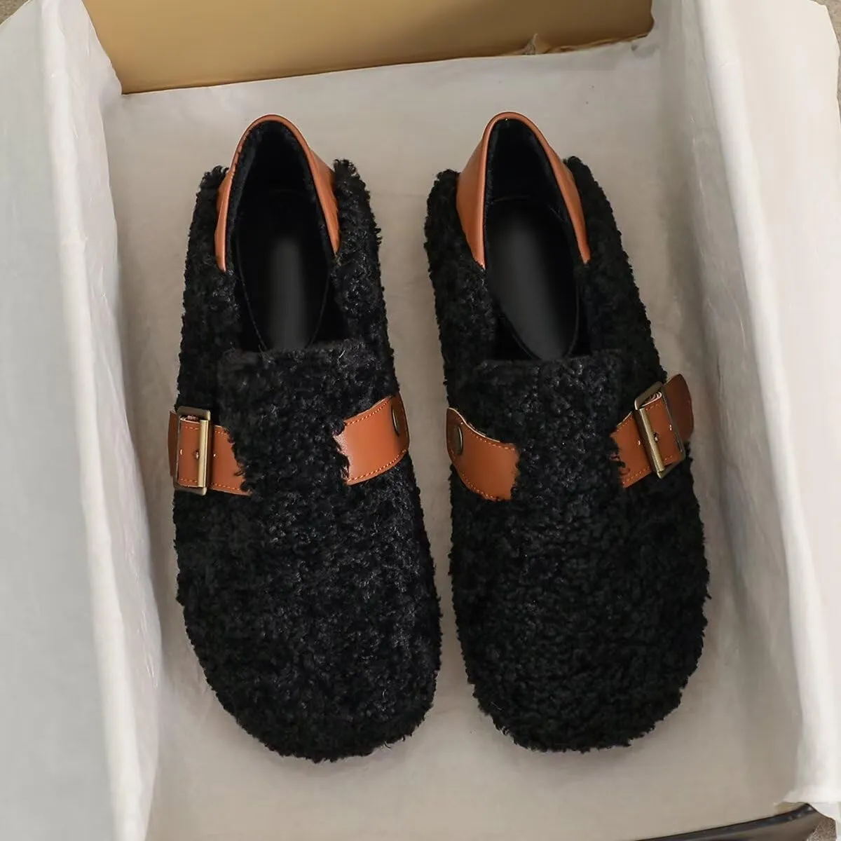 LUXINYU Women Fashion Winter Warm Artificial Lamb Wool Flats Slip on Ladies Indoor and Outdoor Dress Office Casual Bedroom Shoes