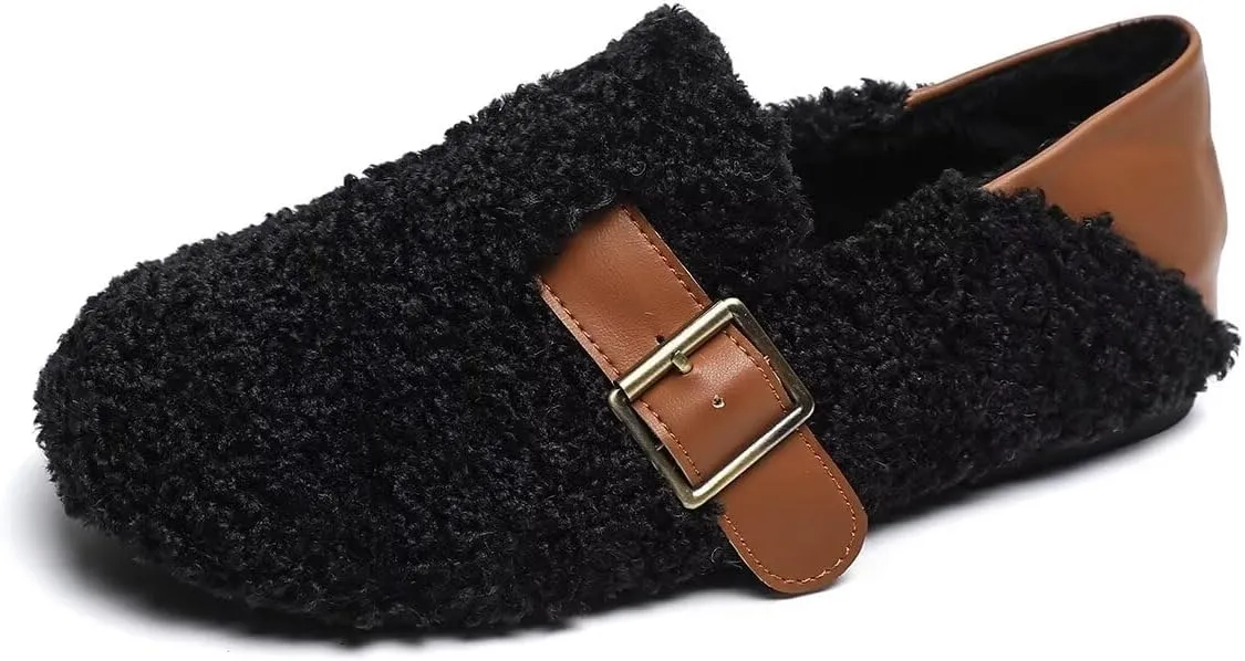 LUXINYU Women Fashion Winter Warm Artificial Lamb Wool Flats Slip on Ladies Indoor and Outdoor Dress Office Casual Bedroom Shoes