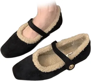 Mary Jane Flats for Women Faux Fur Ballet Flats Winter Fuzzy Warm Comfy Flats Slip On Flats Shoes Warm Plush Lined