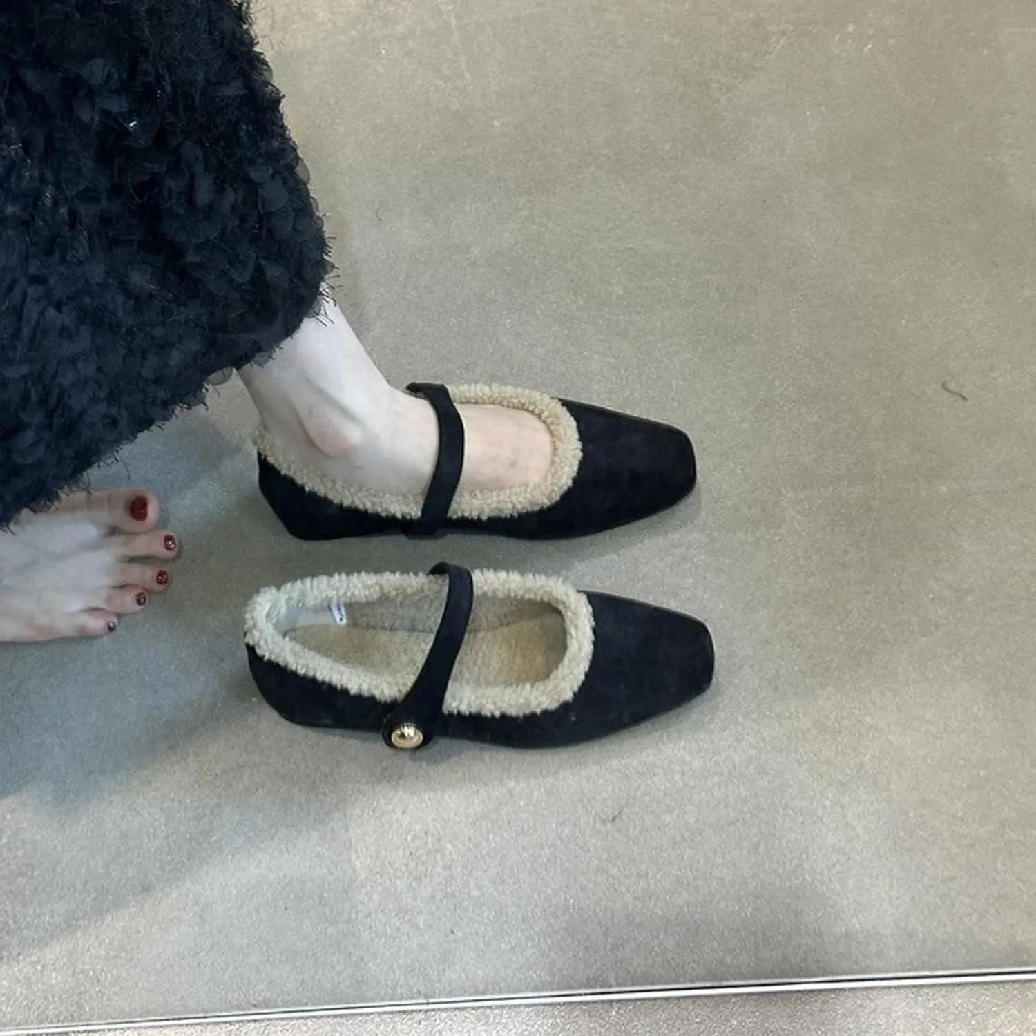 Mary Jane Flats for Women Faux Fur Ballet Flats Winter Fuzzy Warm Comfy Flats Slip On Flats Shoes Warm Plush Lined