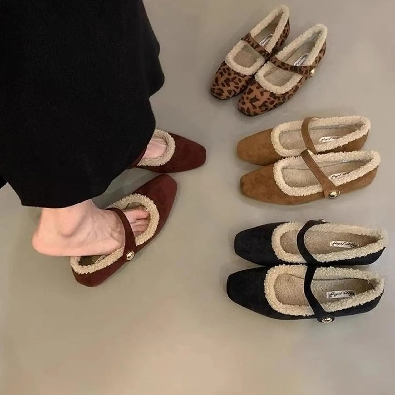 Mary Jane Flats for Women Faux Fur Ballet Flats Winter Fuzzy Warm Comfy Flats Slip On Flats Shoes Warm Plush Lined