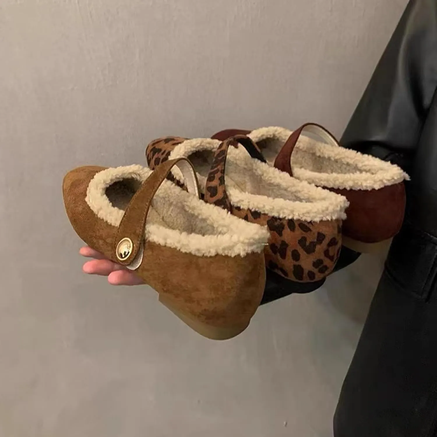 Mary Jane Flats for Women Faux Fur Ballet Flats Winter Fuzzy Warm Comfy Flats Slip On Flats Shoes Warm Plush Lined