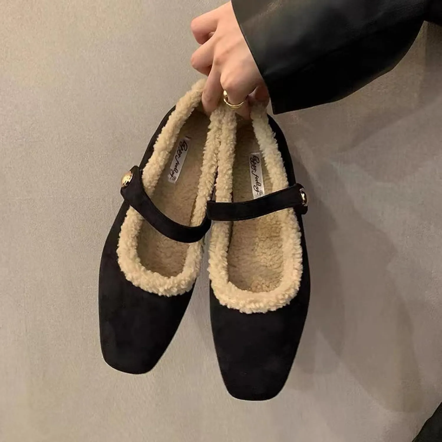 Mary Jane Flats for Women Faux Fur Ballet Flats Winter Fuzzy Warm Comfy Flats Slip On Flats Shoes Warm Plush Lined