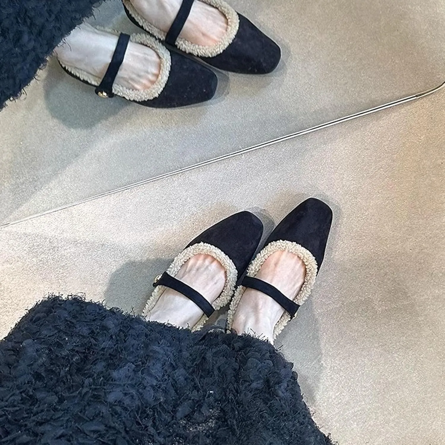 Mary Jane Flats for Women Faux Fur Ballet Flats Winter Fuzzy Warm Comfy Flats Slip On Flats Shoes Warm Plush Lined