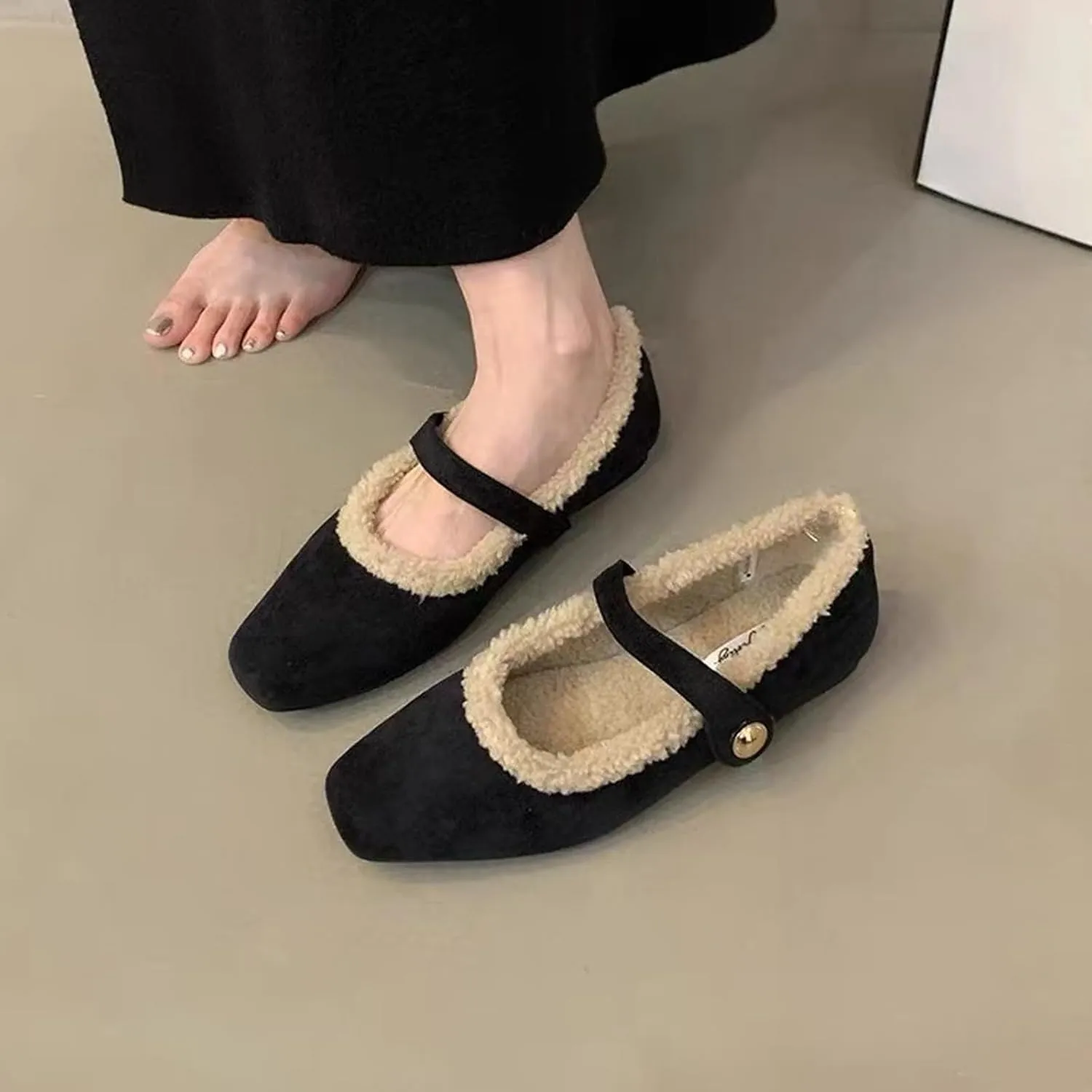 Mary Jane Flats for Women Faux Fur Ballet Flats Winter Fuzzy Warm Comfy Flats Slip On Flats Shoes Warm Plush Lined