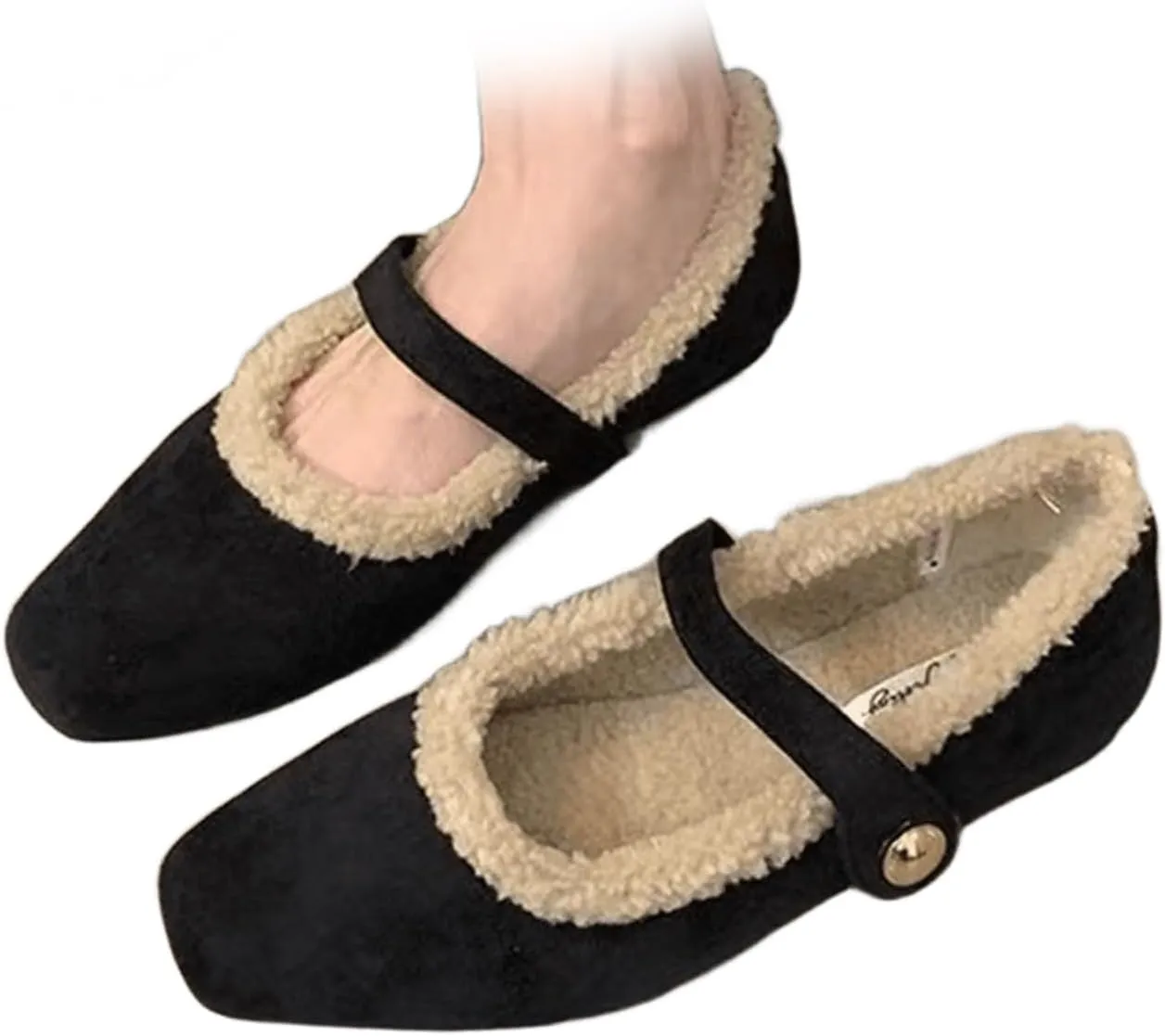 Mary Jane Flats for Women Faux Fur Ballet Flats Winter Fuzzy Warm Comfy Flats Slip On Flats Shoes Warm Plush Lined