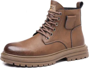 Men's Leather High Top Motorcycle Combat Boots Fashion Casual Winter Fleece-Lined Outdoor Hiking Sneaker Booties Round Toe Lace Up Side Zipper Retro Comfortable Chukka Boots