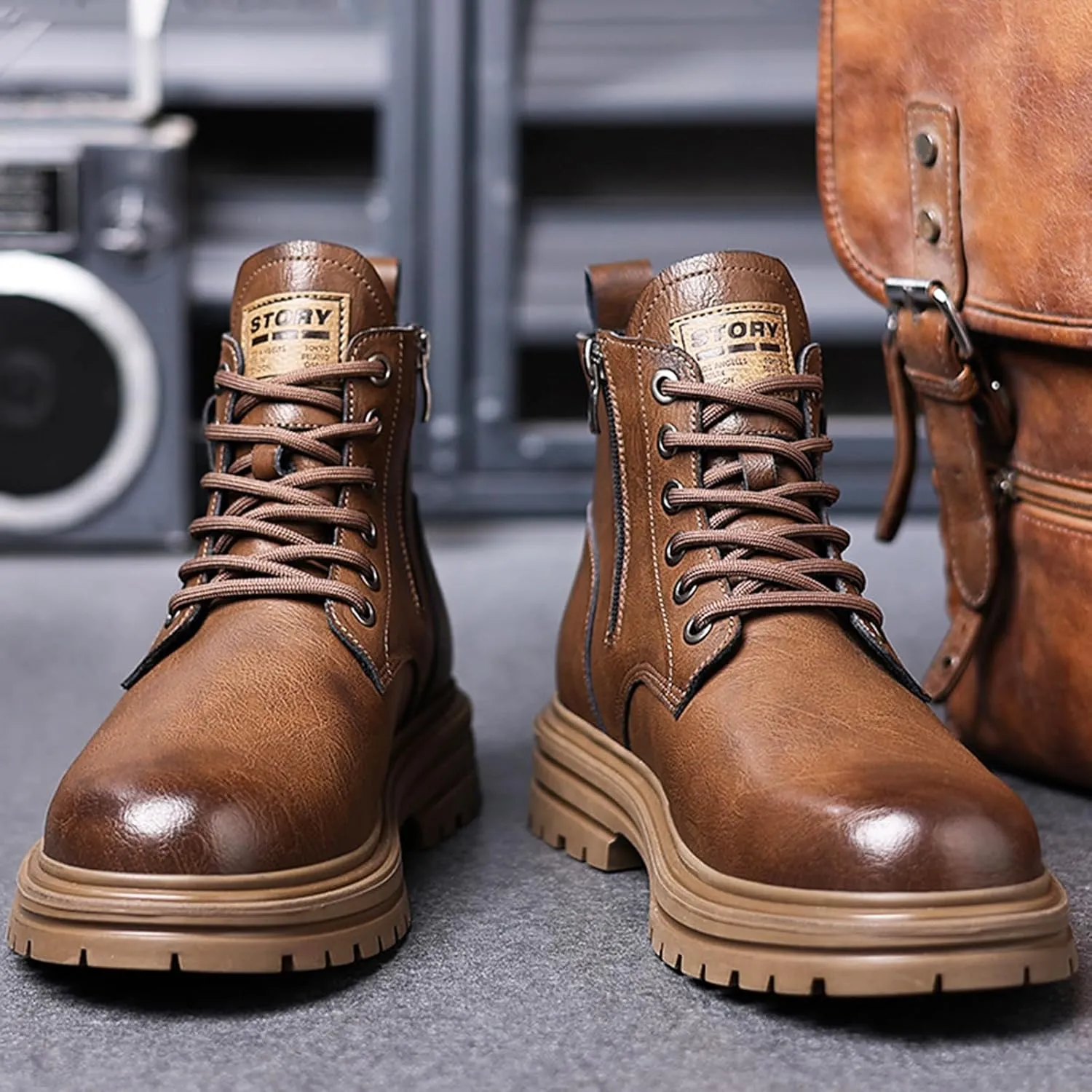 Men's Leather High Top Motorcycle Combat Boots Fashion Casual Winter Fleece-Lined Outdoor Hiking Sneaker Booties Round Toe Lace Up Side Zipper Retro Comfortable Chukka Boots