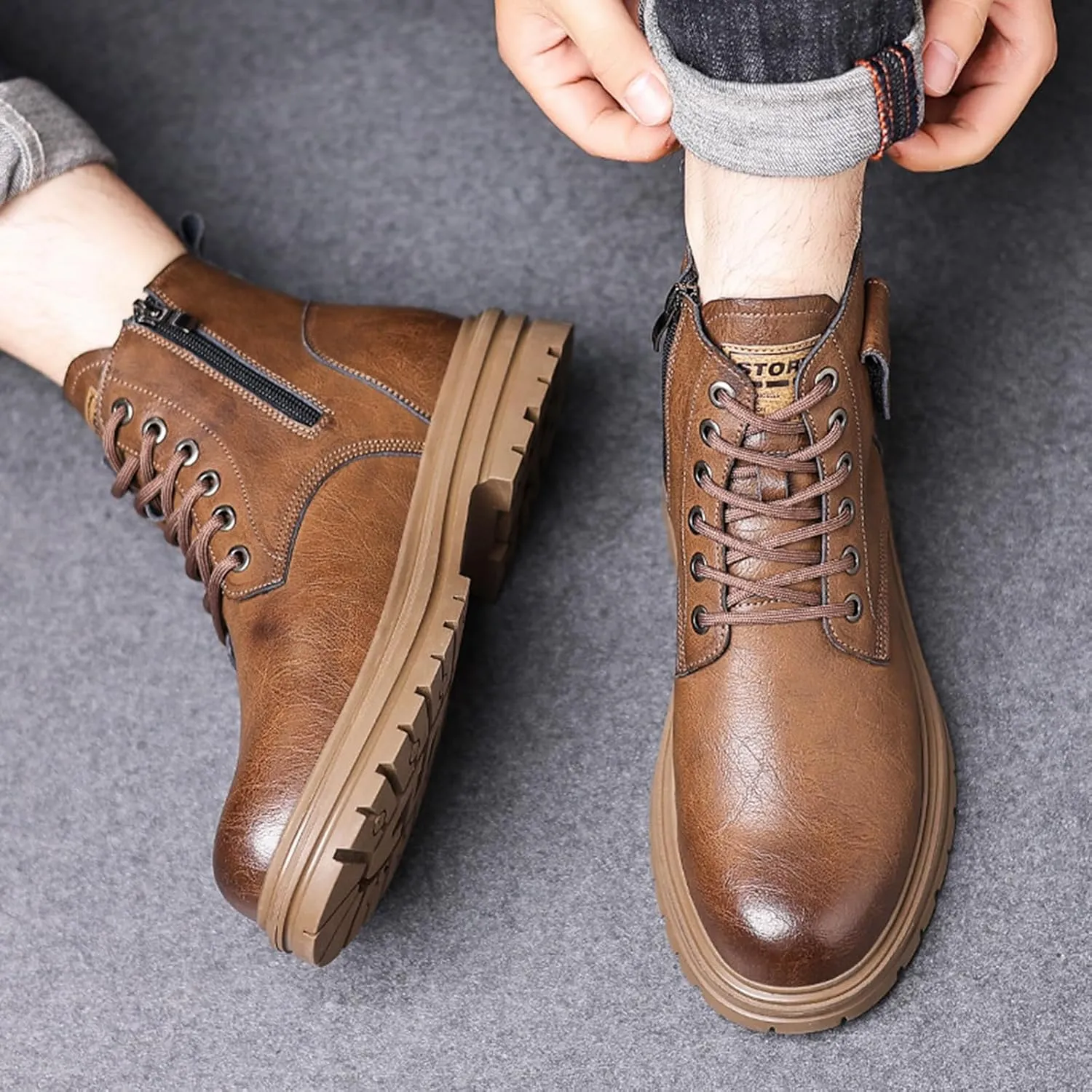 Men's Leather High Top Motorcycle Combat Boots Fashion Casual Winter Fleece-Lined Outdoor Hiking Sneaker Booties Round Toe Lace Up Side Zipper Retro Comfortable Chukka Boots