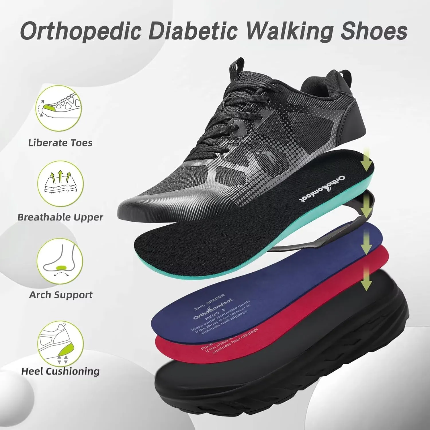 Men's Orthopedic Diabetic Wide Running Shoes: Comfortable Casual Arch Support Plantar Fasciitis Sports Sneakers, High Arch Swollen Outdoor Work Tennis Walking Shoes for Foot and Heel Pain Relief