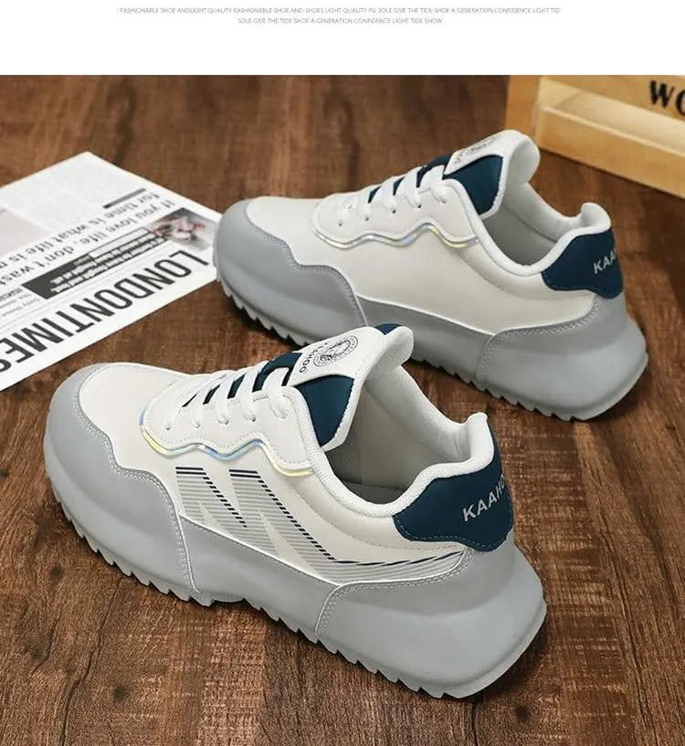 Men's White & Gray Thick Sole Sneakers - Breathable Mesh Upper with Blue Accent & Side Stripe Design, Cushioned Athletic Shoes for Casual & Gym Use