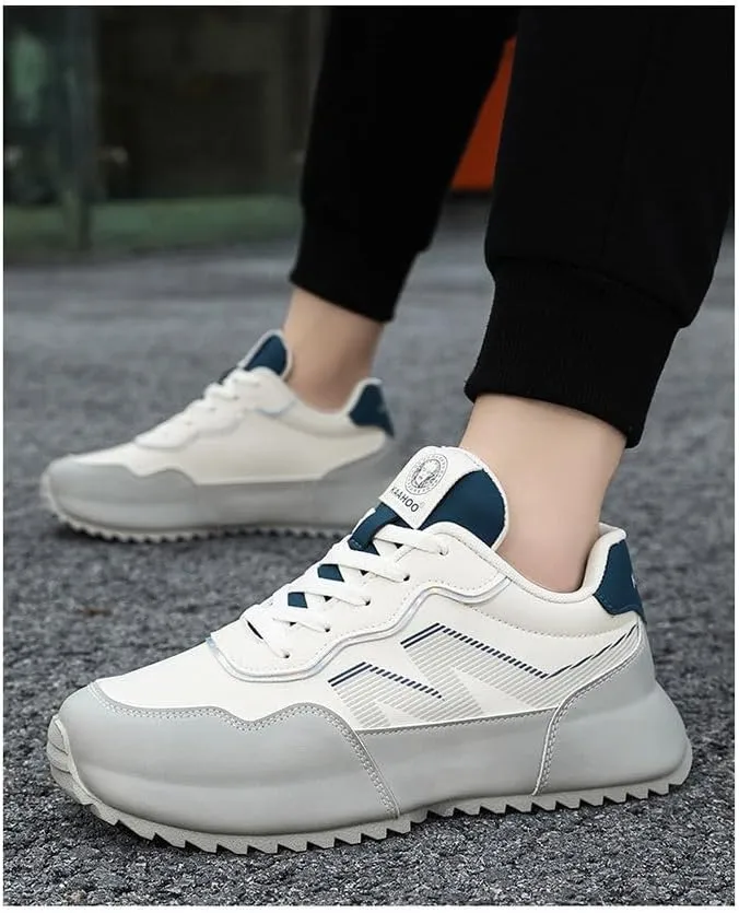 Men's White & Gray Thick Sole Sneakers - Breathable Mesh Upper with Blue Accent & Side Stripe Design, Cushioned Athletic Shoes for Casual & Gym Use