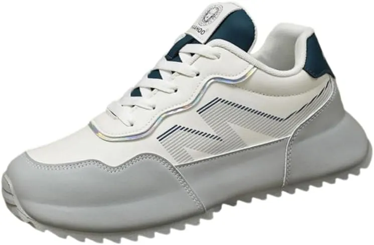 Men's White & Gray Thick Sole Sneakers - Breathable Mesh Upper with Blue Accent & Side Stripe Design, Cushioned Athletic Shoes for Casual & Gym Use