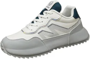 Men's White & Gray Thick Sole Sneakers - Breathable Mesh Upper with Blue Accent & Side Stripe Design, Cushioned Athletic Shoes for Casual & Gym Use
