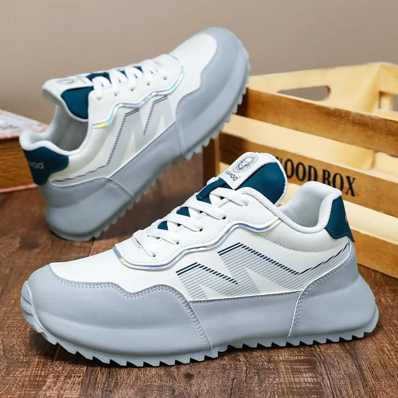 Men's White & Gray Thick Sole Sneakers - Breathable Mesh Upper with Blue Accent & Side Stripe Design, Cushioned Athletic Shoes for Casual & Gym Use