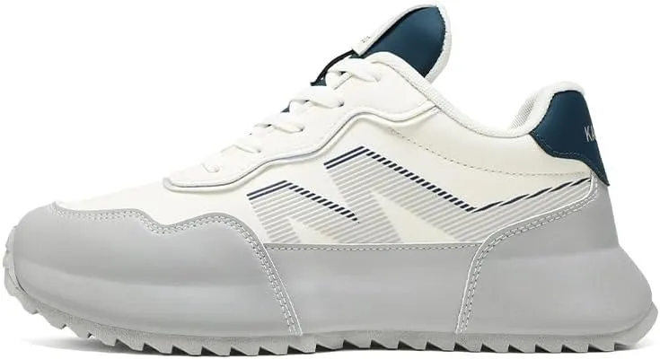 Men's White & Gray Thick Sole Sneakers - Breathable Mesh Upper with Blue Accent & Side Stripe Design, Cushioned Athletic Shoes for Casual & Gym Use