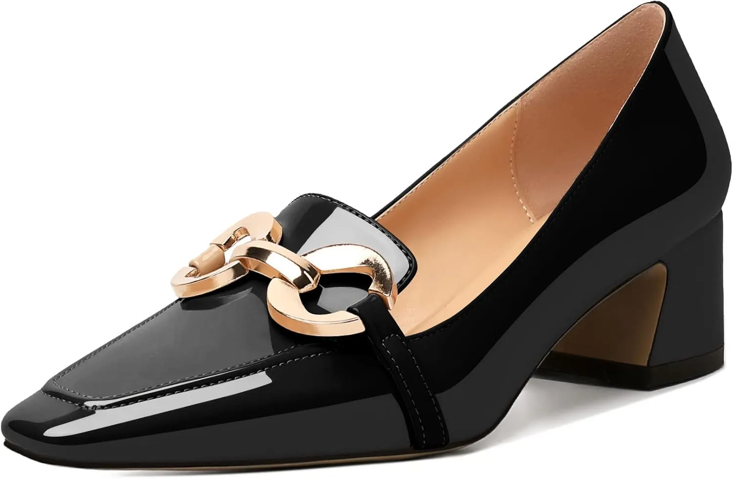 Mettesally Womens Square Toe Block Heels Mid Chunky Heel Loafer Pumps Slip On Chain Dress Comfortable Prom Shoes