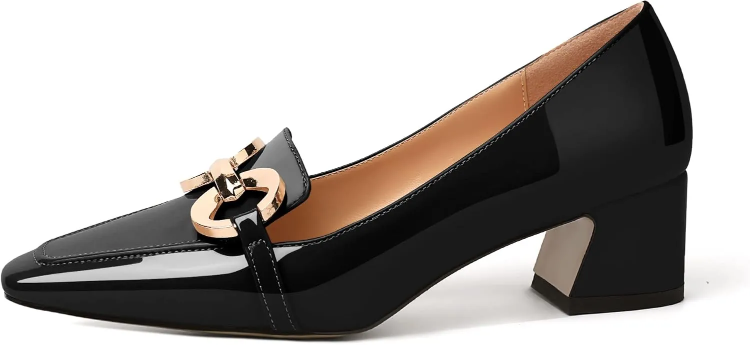 Mettesally Womens Square Toe Block Heels Mid Chunky Heel Loafer Pumps Slip On Chain Dress Comfortable Prom Shoes