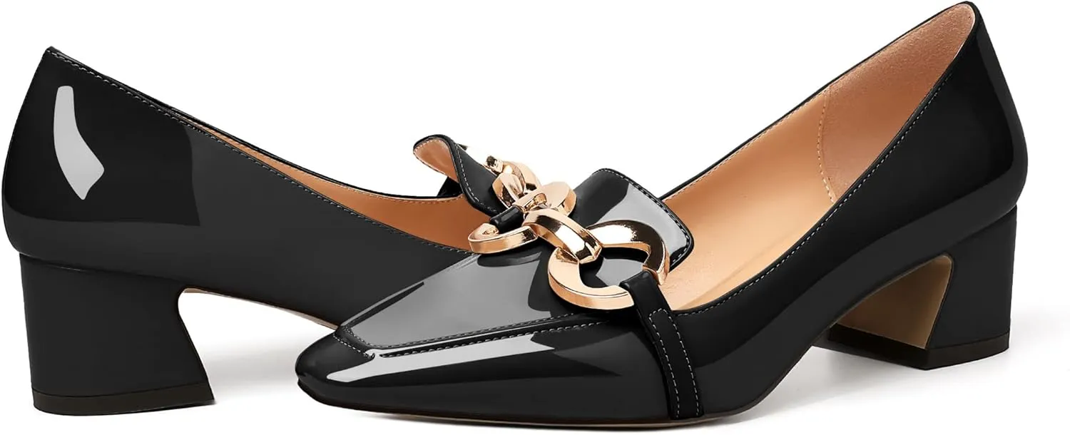 Mettesally Womens Square Toe Block Heels Mid Chunky Heel Loafer Pumps Slip On Chain Dress Comfortable Prom Shoes