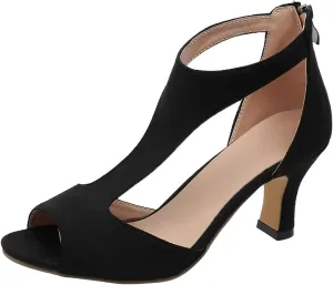 Mid Heeled Sandals for Women Summer Open Toe T Strap Pumps Sandals Black Back Zip Sandals Party Wedding Dress Shoes