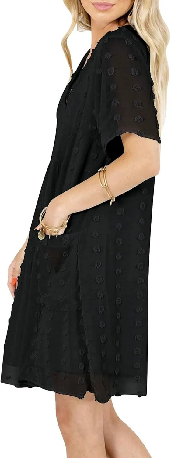 MIHOLL Women's V Neck Short Sleeve Ruffle Loose Summer Flowy Mini Dress