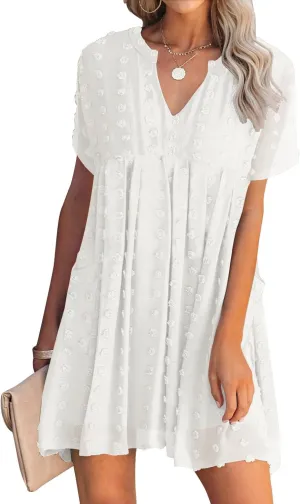 MIHOLL Women's V Neck Short Sleeve Ruffle Loose Summer Flowy Mini Dress