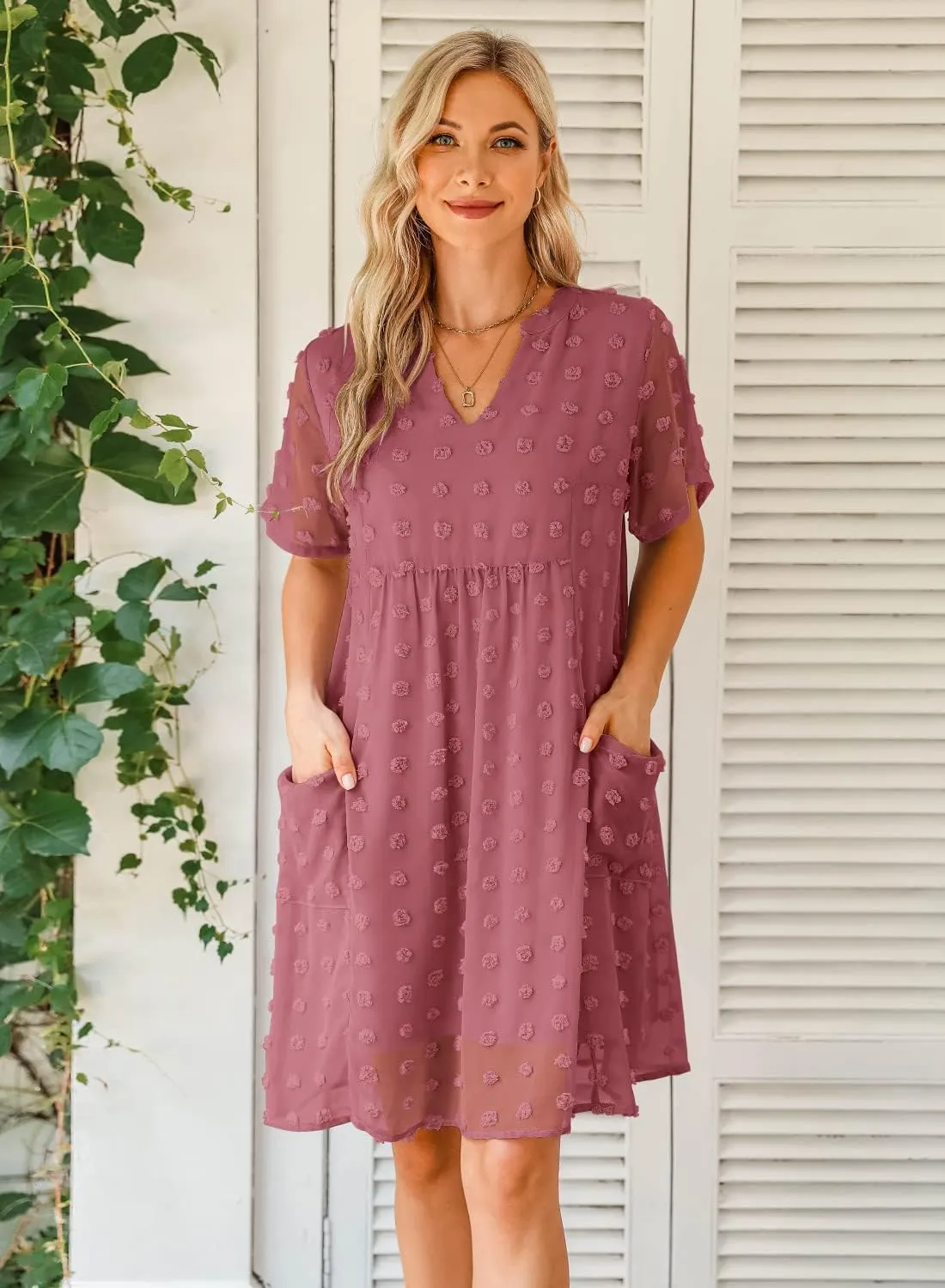 MIHOLL Women's V Neck Short Sleeve Ruffle Loose Summer Flowy Mini Dress