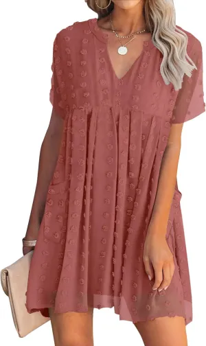 MIHOLL Women's V Neck Short Sleeve Ruffle Loose Summer Flowy Mini Dress
