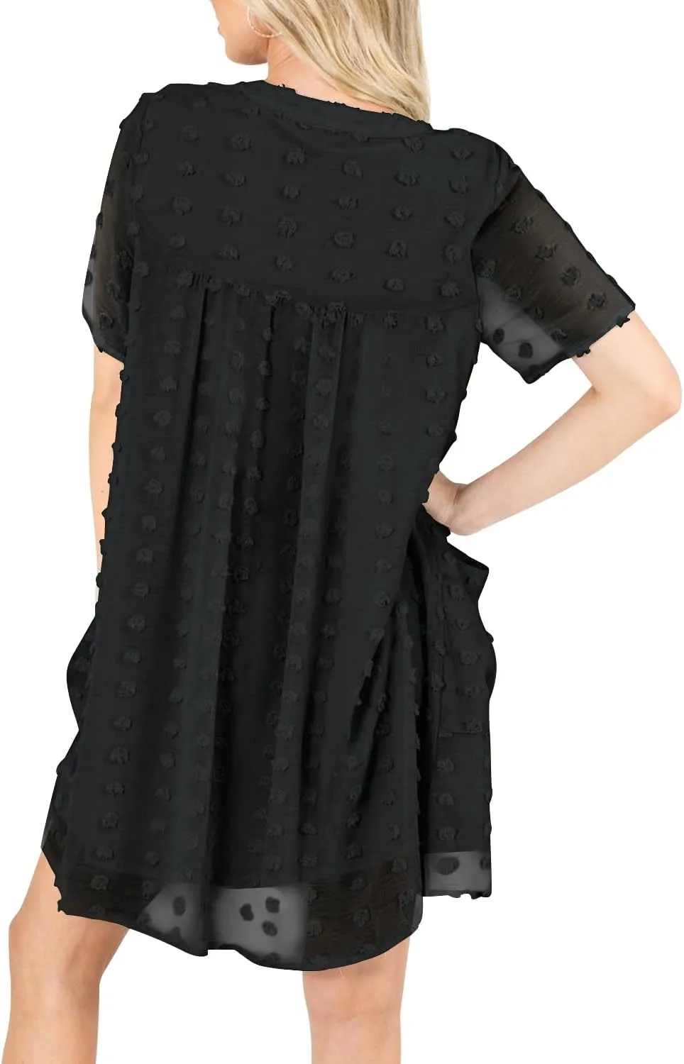 MIHOLL Women's V Neck Short Sleeve Ruffle Loose Summer Flowy Mini Dress