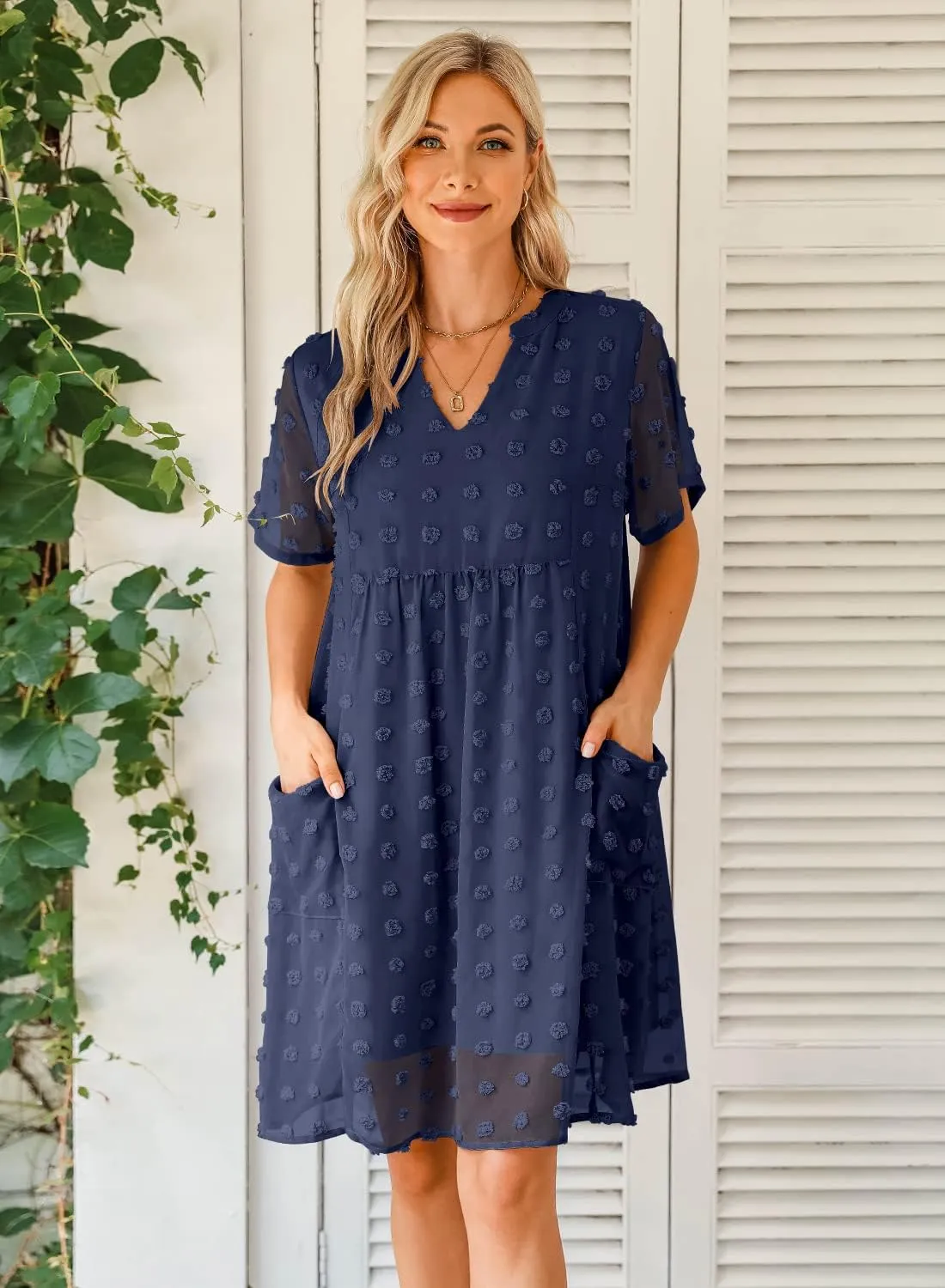 MIHOLL Women's V Neck Short Sleeve Ruffle Loose Summer Flowy Mini Dress