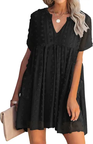 MIHOLL Women's V Neck Short Sleeve Ruffle Loose Summer Flowy Mini Dress