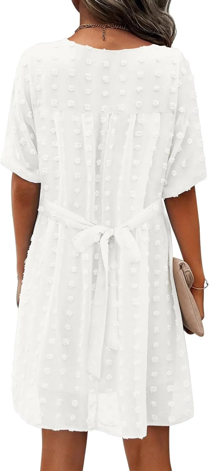 MIHOLL Women's V Neck Short Sleeve Ruffle Loose Summer Flowy Mini Dress