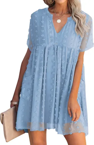 MIHOLL Women's V Neck Short Sleeve Ruffle Loose Summer Flowy Mini Dress