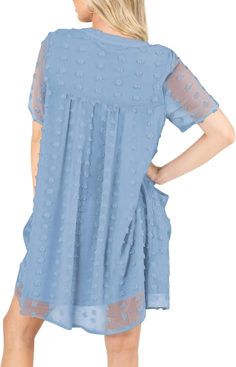MIHOLL Women's V Neck Short Sleeve Ruffle Loose Summer Flowy Mini Dress