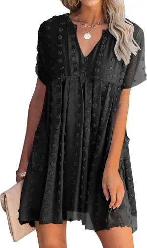 MIHOLL Women's V Neck Short Sleeve Ruffle Loose Summer Flowy Mini Dress