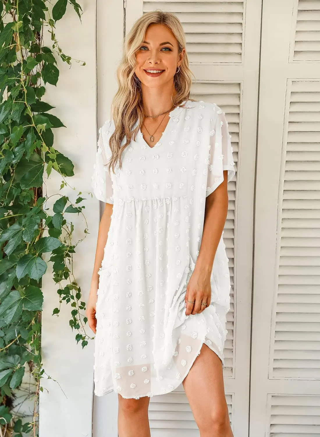 MIHOLL Women's V Neck Short Sleeve Ruffle Loose Summer Flowy Mini Dress