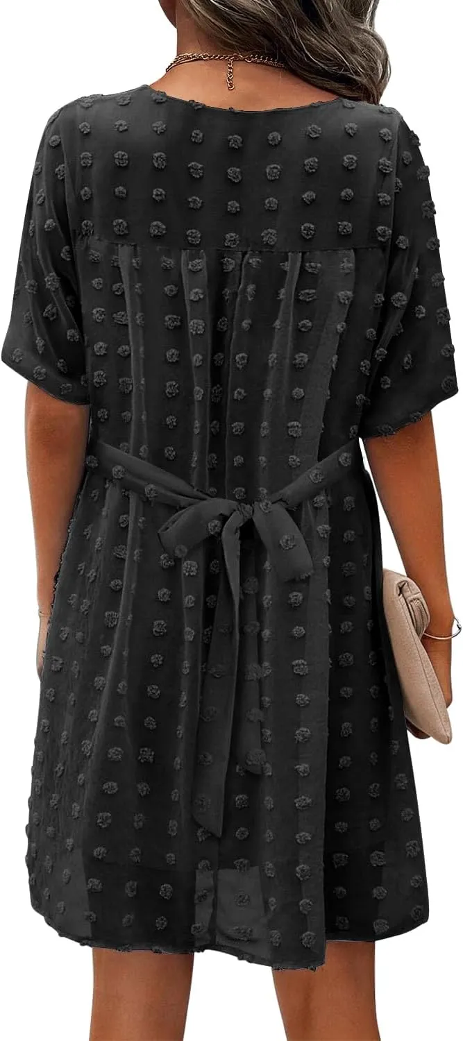 MIHOLL Women's V Neck Short Sleeve Ruffle Loose Summer Flowy Mini Dress