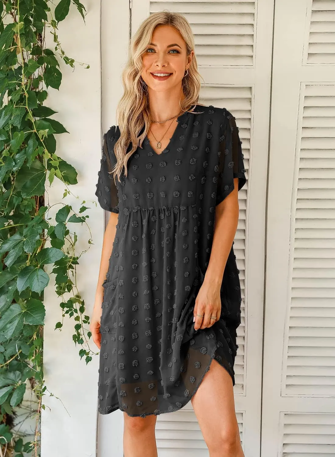 MIHOLL Women's V Neck Short Sleeve Ruffle Loose Summer Flowy Mini Dress