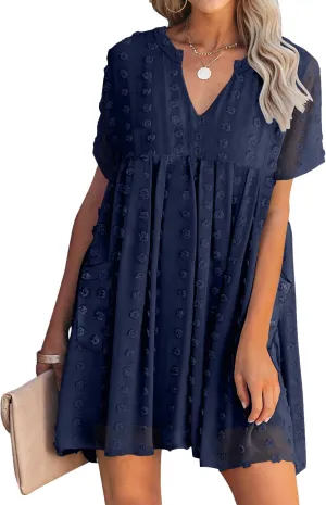 MIHOLL Women's V Neck Short Sleeve Ruffle Loose Summer Flowy Mini Dress