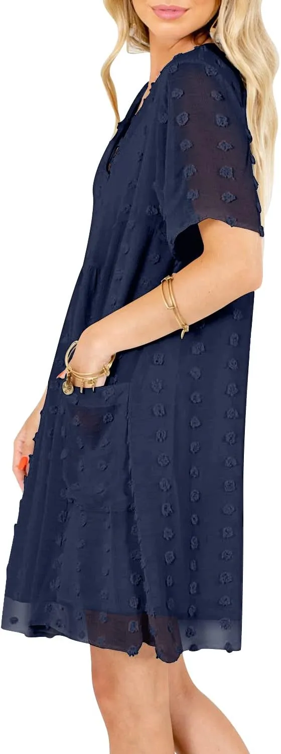 MIHOLL Women's V Neck Short Sleeve Ruffle Loose Summer Flowy Mini Dress