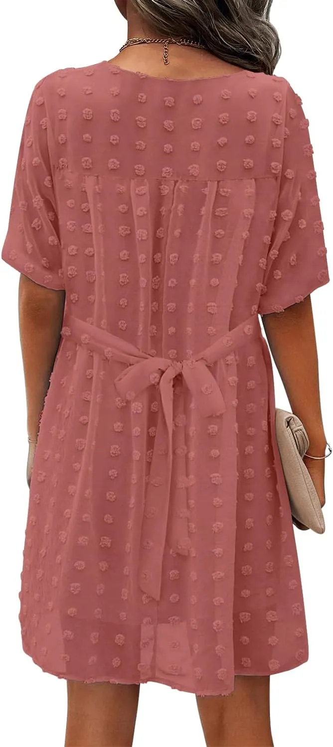 MIHOLL Women's V Neck Short Sleeve Ruffle Loose Summer Flowy Mini Dress