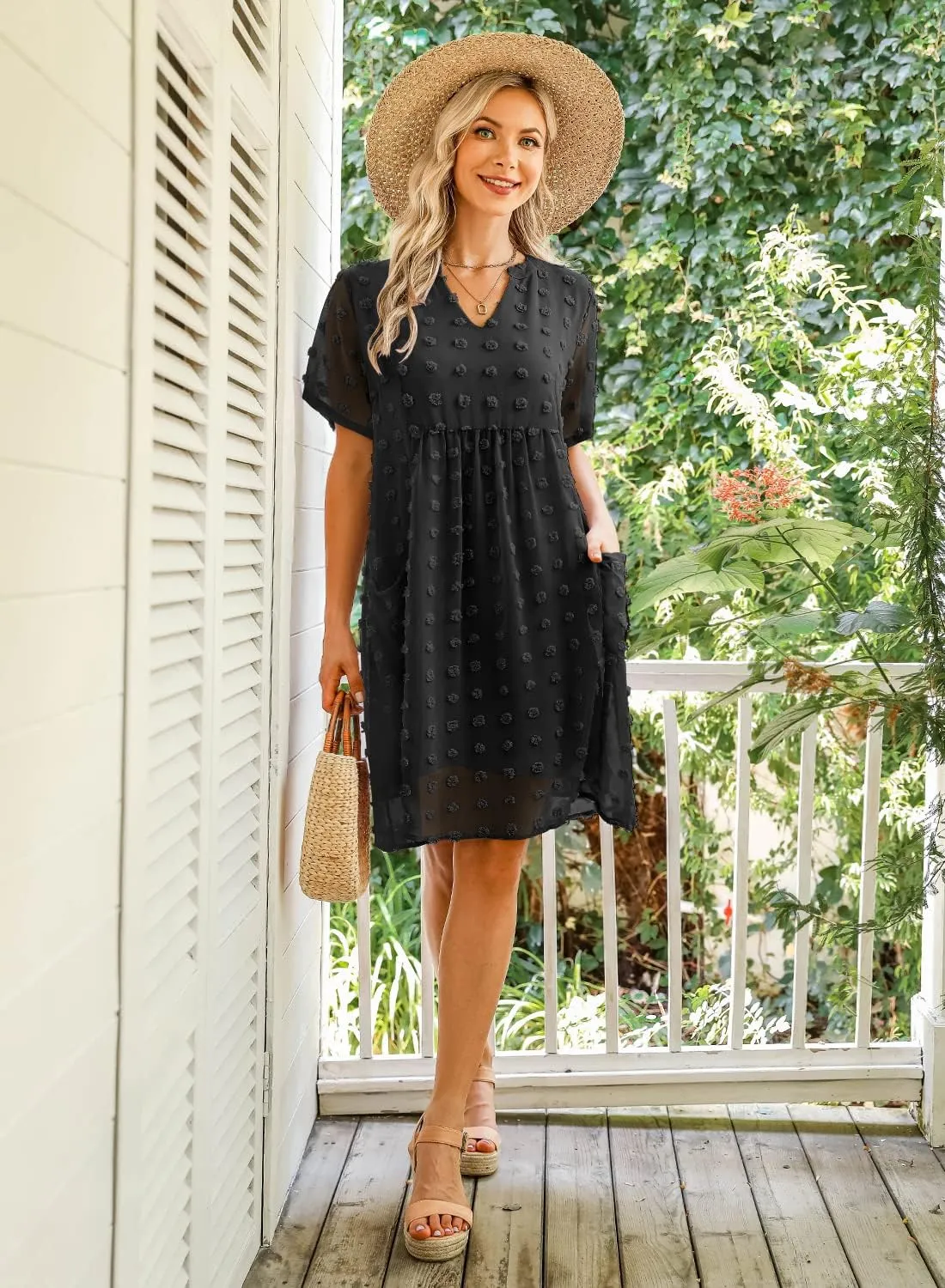 MIHOLL Women's V Neck Short Sleeve Ruffle Loose Summer Flowy Mini Dress