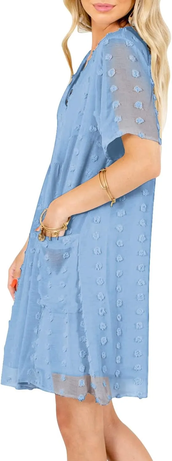 MIHOLL Women's V Neck Short Sleeve Ruffle Loose Summer Flowy Mini Dress